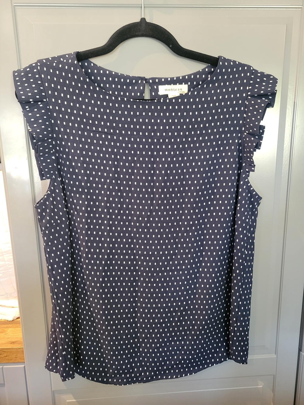 Monteau Navy and White Polka Dot Ruffle Sleeve Camisole